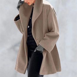 Осень зима средняя длинная свободная куртка с капюшоном женщины Новый повседневный стиль уличного стиля сплошной однократную кнопку шерстяное пальто 201023