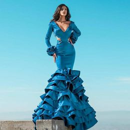 Fabulous Mermaid Beaded Backless Prom Dresses V Neck Long Sleeves African Tiered Evening Gowns Satin Sweep Train Formal Dress