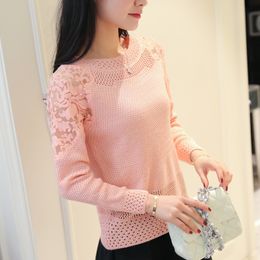 Hollow knit female long sleeved lace beading collar shirt and new dress thin sweater short sleeve head pullovers T200319