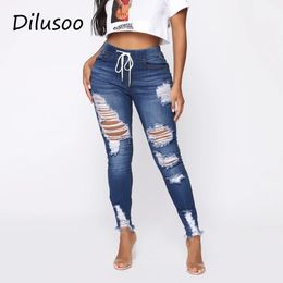 Dilusoo Women Skinny Ripped Jeans Pants High Elastic Rubber Band Waist Hole Jeans 4 Season Pencil Pants Woman Casual Jeans Lady 201030