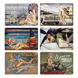 2021 Vintage Pin Up Girl Plaque Vintage Metal Tin Sign Sexy Lady Decorative Plates Wall Poster for Bar Cafe Pub Home Decor Iron Painting