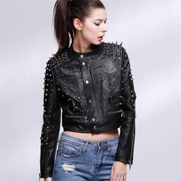 Women's Jackets Wholesale- Women Clothing Spring PU Jacket Pockets Punk Short Tops Zipper Full Sleeve Black Autumn Slim Coat For Women1