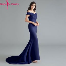 Beauty Emily Lace Navy Blue Evening Dress 2020 Sequined Long Zipper Back Formal Party Prom Dress Floor-length robe de soiree LJ201124