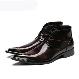 Luxury Men Boots Pointed Metal Tow Lace-up Men's Ankle Boots Business Leather Boots for Men Zapatos Hombre, EU38-46