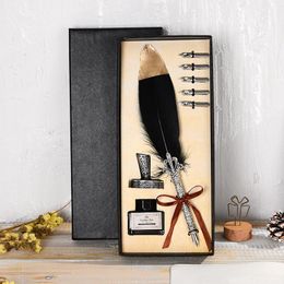 Fountain Pens YDNZC Exquisite Retro Feather Dip Pen Set Delicate Wedding Gift Box Writing Ink Quill Creative Stationery1