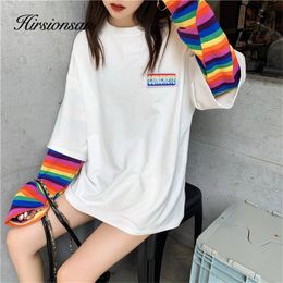 Hirsionsan Rainbow Kawaii T Shirt Women New Spring Long Sleeve Harajuku Tees Casual Student Tops Stripe Oversized Clothes 201125