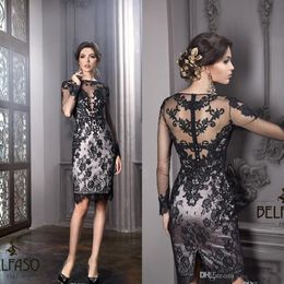 Elegant Black Lace Bateau Sheath Mothers Dresses Knee-Length Plus Size Mother Of The Bride Dresses Sheer Neck Sexy Cocktail Gowns