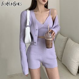 3 Piece Set Women Knitted Outfits Long Sleeve Cardigan+V Neck Corset Top +High Waist Shorts Sexy Purple Casual Home Clothes 220315