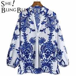 Women's Blouses & Shirts SheBlingBling Blue Print Summer Fashion Loose Women Folds Front Deep V Neck Slit Side High Low Hem Female Casual To