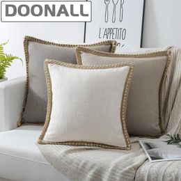 Doonall Vintage Throw Pillow Covers Burlap Linen Trimmed Tailored Decorative Cushion Cover Pillow Case for Couch Car Sofa Bed 201119