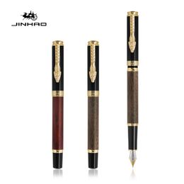 Jinhao 8802 Fountain Pen Luxury Dragon Clip Gold Trim Retro Wood Barrel Ink Pen Fine Nib Office Signature School Supplies A6485 201202