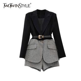 TWOTWINSTYLE Korean Patchwork Plaid Two Piece Set For Women Lapel Long Sleeve Sashes Blazer Wide Leg Shorts Casual Sets Female 220302