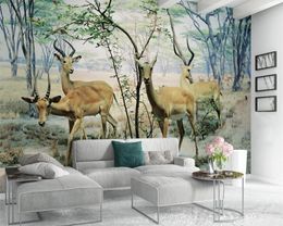 3d Bedroom Wallpaper Nordic Modern Minimalist Hand-painted Forest Elk Scenery TV Background Wall 3d Animal Wallpaper