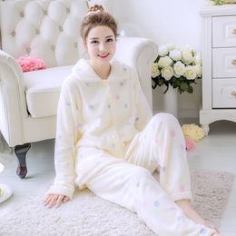 Casual Flannel 2PCS Sleep Set Pijamas Lady Pyjamas Suit Sleepwear Homewear Coral Fleece Winter Warm Nightwear Home Clothing 210203
