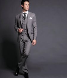 Slim Fits Man Work Business Suit Light Grey Men Prom Dress Party Suit Groom Tuxedos(Jacket+Pants+Vest+Tie) NO:909