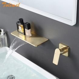 Bathroom Sink Faucets Brush Gold Wall Mounted Waterfall Faucet Cold Mixer Taps Basin Shelf Faucet1