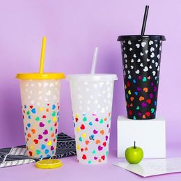 24oz Creativity Love Colour Changing Mugs Water Cup Single Layer Plastic Straw Cups christmas gift sea shipping RRA11809