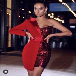 High Quality Red Silver Night Prom Dresses One Sleeved Glitter Sequin Crepe Tuxedo Blazer Dress Knee Length Girl Fashion Evening Party Wear