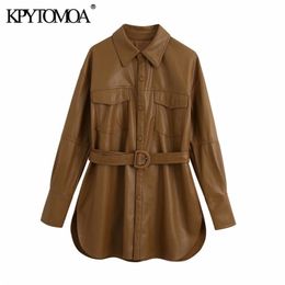 KPYTOMOA Women 2020 Fashion With Belt Faux Leather Loose Jacket Coat Vintage Long Sleeve Pockets Female Outerwear Chic Tops LJ201012