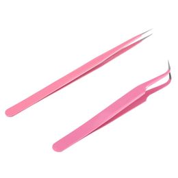 2Pcs/set Stainless Steel Pink Straight/Curved Nail Nippers Tools Eyelash Extension Tweezers Pointed Clip Makeup Tools