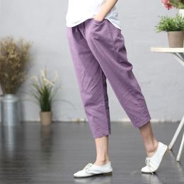 New Arrival Summer Arts Style Women Elastic Waist Loose Calf-length Pants Femme Casual Purple Harem Pants Plus Size M65 201012