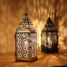 European Candlestick Hanging Lantern Black/White/Gold Vintage Elegant Metal Hollow Candle Holder Articles Moroccan 50 Y200109