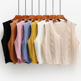 Colete de malha feminina outono sólido suavina sem mangas casuais em v-pescoço solto na moda coreano All-Match Curto cintura feminina outwear 201130