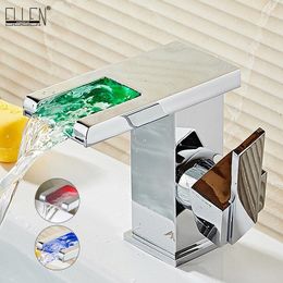 Bathroom Sink Faucets Led Faucet Light Water Tap Temperature Controlled Waterfall Square Luxury Saving Torneira EL10031