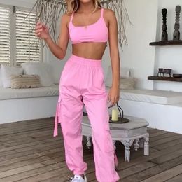 Summer Candy Pink Two Piece Set Women Matching Set Top and Pants Female Jogger Set Women Pink Outfit Crop Top and Joggers T200603