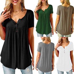 Womens Casual Short Sleeve Loose T-Shirts Solid Colour Button Pleated Tunic Tops v-neck female pullover tops summer clothes G220228
