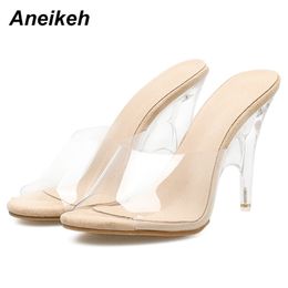 Aneikeh Slippers Fashion High Heeled Women Strange Heels Mules PVC Transparent Shoes Clear Open Toe Apricot Plus Size Y200423
