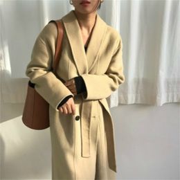 Korea Women Winter Yellow Long Cashmere Coat Slim Waist Elegant Overcoat with Waistbelt Pocket Loose Outerwear Jacket 201218