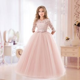 Elegant Princess Lace Dress Kids Flower Embroidery Dresses For Girls Vintage Children Dresses for Christmas Party Red Ball Gown 201202