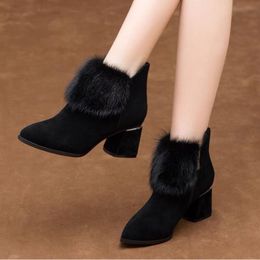 FHANCHU 2022 Genuine Rabbit Fur Women Short BootsPlush Winter ShoesPointed toeMid Block Heel Ankle BotasVogue BlackDropship