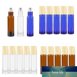 Aihogard 5pcs 10ml Solid Colour Glass Essential Oil Bottle Wood Grain Cover Stainless Steel Roller Ball Perfume Sub-Bottle