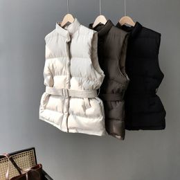 Winter Keep Warm Sleeveless Vest Women Jacket Solid Harajuku Stand Collar Belt Puffer Outwear Loose Fashion Cotton Padded Vests 201027