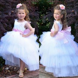 Organza Tiered Girls Pageant Dresses White Children Kids Long Prom Dress Girls Handmade Flowers Sash Birthday Graduation Gown
