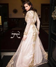 High Quality Moroccan Kaftan Evening Dresses Gold Appliques Long Sleeve Arabic Muslim Special Occasion Formal Party Gowns