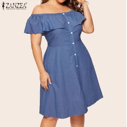 Plus Size ZANZEA Summer Fashion Denim Blue Sundress Women Sexy Off Shoulder Party Ruffles Dress Short Vestidos Female Robe 7 Y0118