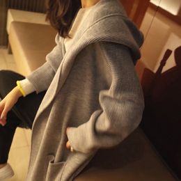 Grey Long Cardigan Women Cashmere Solid Knit Sweater Women Long Sleeve Winter Pockets Female Cardigan Kimono 201030