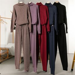 Turtleneck Pullover Sweatshirts Knit Pants Suit Two Piece Sets Women Autumn Winter Warm Knitted Tracksuit Sporting Female 220315