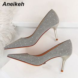 Aneikeh Femmes Chaussures Fashion Classics Thin Heels Bling Print Wedding Lady PU Women's Pumps 2021 Spring/Autumn Slip-On Shoes C0129