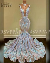 New Arrival Long Prom Dress Sparkly Glitter Sequin Sexy See Through Top African Girl Mermaid Prom Dresses EE