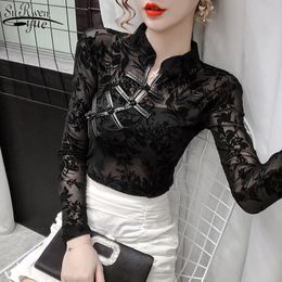 Autumn Vintage Long Sleeve Sexy Mesh Top Women's Mesh Retro Lace Bottoming Shirt Hollow Tight See Through Woman's Shirts 11010 201028