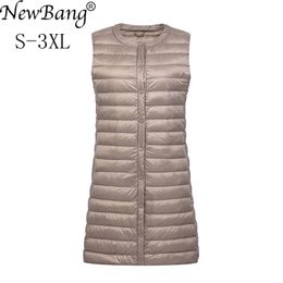 NewBang Brand Women's Long Vest Ultra Light Down Vests Women Female Down Coat Long Slim Sleeveless Without Collar Jacket 201214