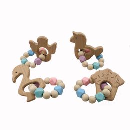 Baby Teether Bracelet Beech Wooden Animal Natural Teething Grasping Toy Silicone Bead Toddler Teether Newborn DIY Gift