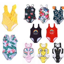 Kids One-Pieces Swim clothes Girls Beachwear One Piece Ruffled swan duck unicorn Swimsuits With Hat M3979