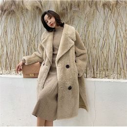 Obrix Winter Straight Female 100% Sheep Wool V-Neck Double Breasted Casual Full Sleeve Streetwear Fashionable Fur Coat For Women 201215