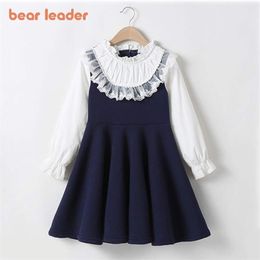 Bear Leader School Girls Clothing Dress Baby Casual Kids Patchwork Fall Clothes Children Long Sleeve Blue White 220106