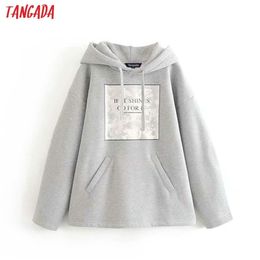 Tangada women letter print fleece hoodie sweatshirts fashion oversize ladies pullovers warm pocket hooded jacket LJ200815